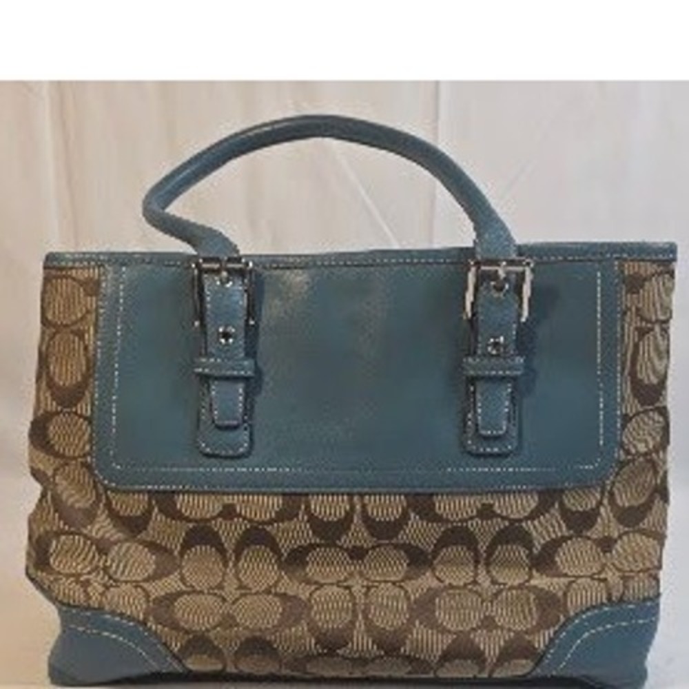 Coach Signature Jacquard Tote Bag Blue Leather Trim Brown Monogram M0726-F11504